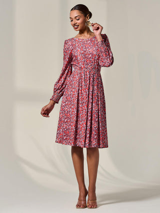 Long Sleeve Jersey Midi Dress, Orange Abstract