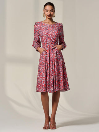 Long Sleeve Jersey Midi Dress, Orange Abstract