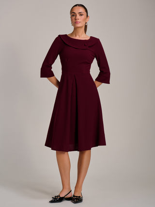 Fold Collar Button Detail Dress, Burgundy