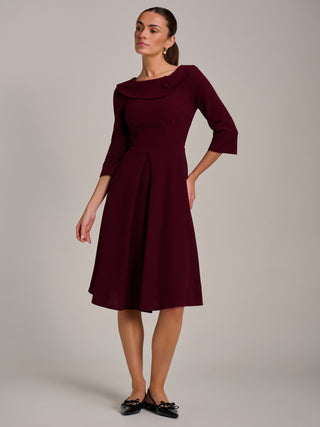 Fold Collar Button Detail Dress, Burgundy