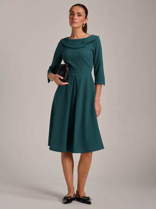 Fold Collar Button Detail Dress, Retro Green