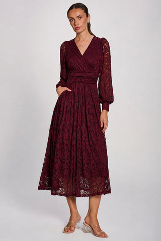 Long Sleeve Printed Lace Maxi Dress, Burgundy