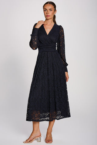 Long Sleeve Printed Lace Maxi Dress, Navy
