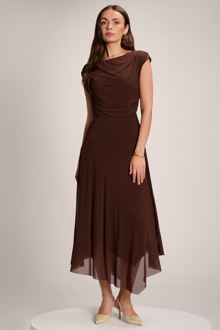 Asymmetrical Draped Mesh Maxi Dress, Brown
