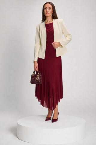 Asymmetrical Draped Mesh Maxi Dress, Red