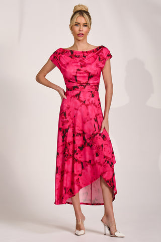 Draped Asymmetric Jersey Midi dress, Red Abstract