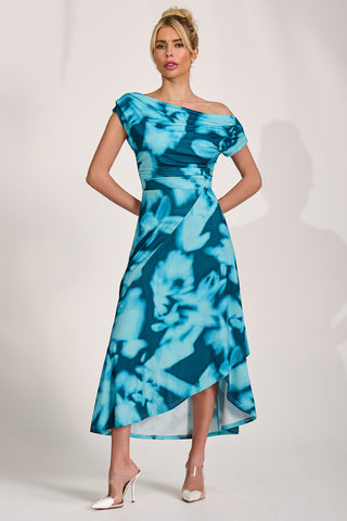 Draped Asymmetric Jersey Midi dress, Teal Abstract
