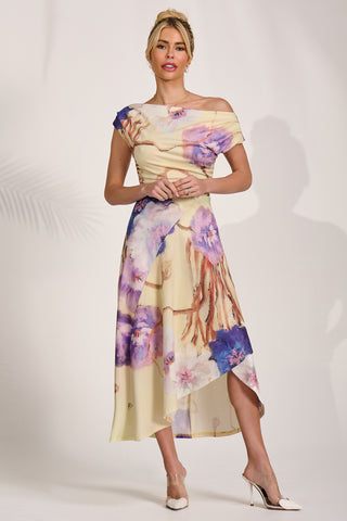 Draped Asymmetric Jersey Midi dress, Yellow Floral