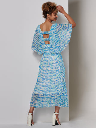 Kyra Pleated Chiffon Maxi Dress, Blue Abstract