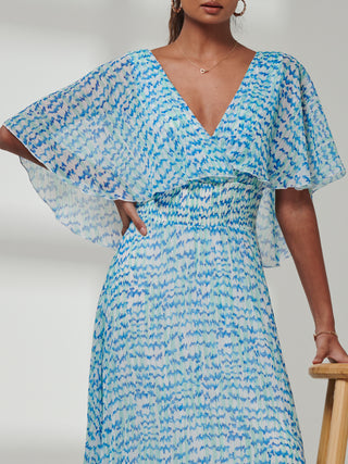 Kyra Pleated Chiffon Maxi Dress, Blue Abstract