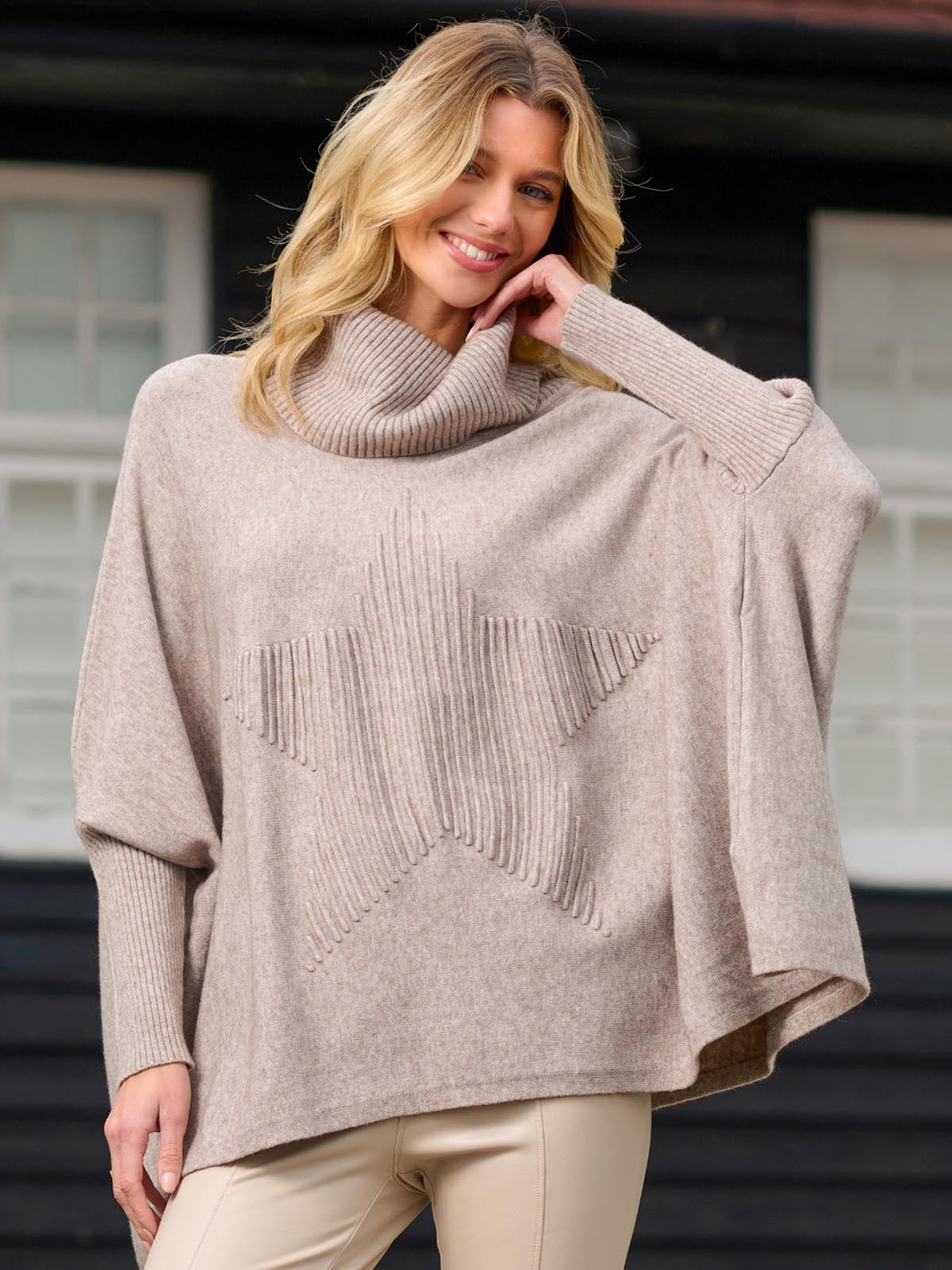 Star Front Roll Neck Knit Jumper, Taupe