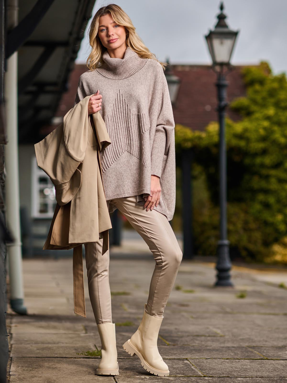 Star Front Roll Neck Knit Jumper, Taupe