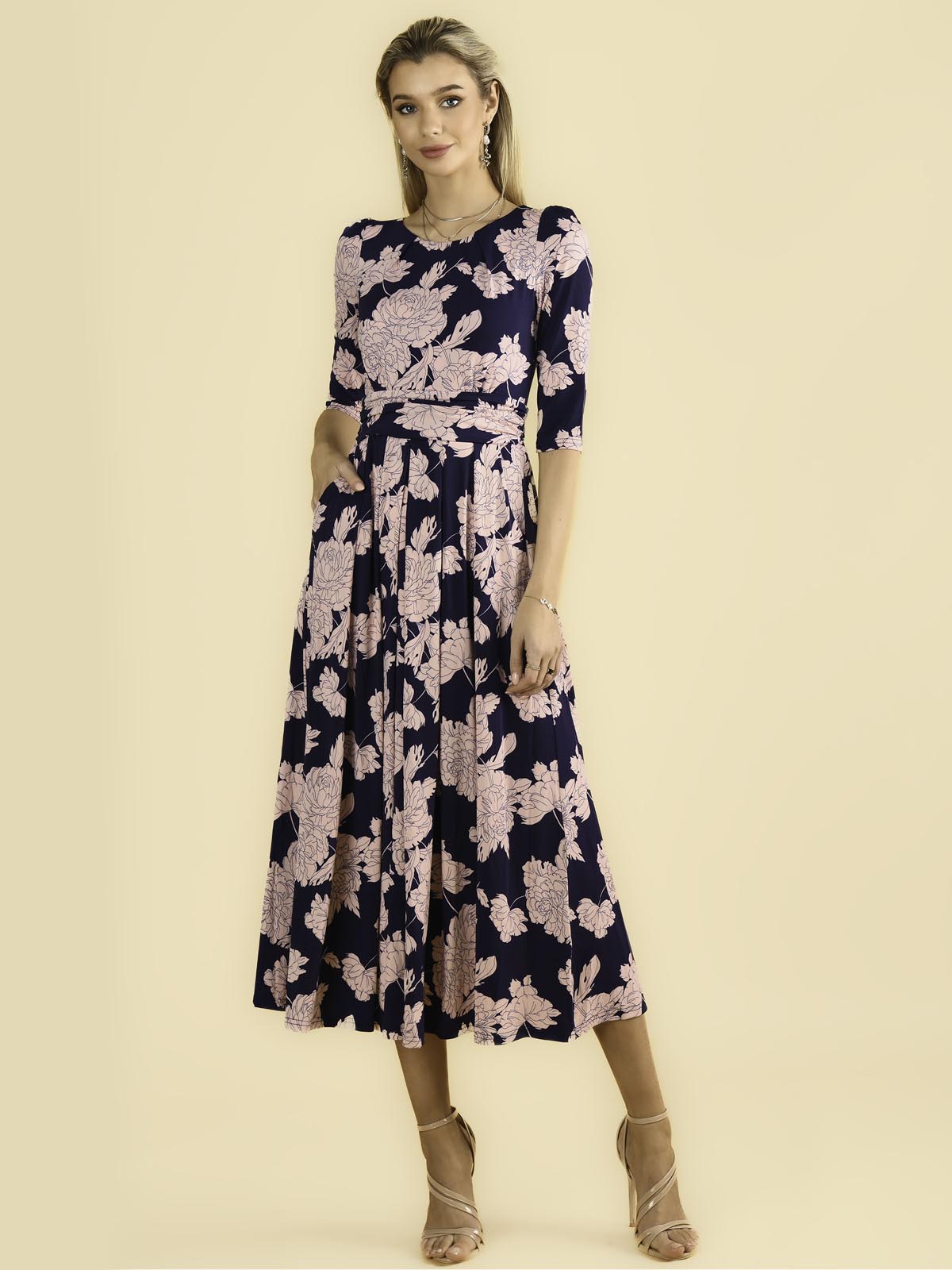 Karla 3/4 Sleeve Jersey Maxi Dress, Navy Floral