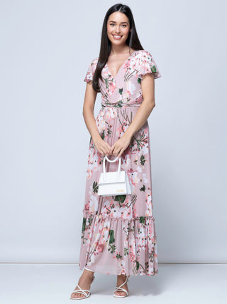 Kailee Mesh Floral Print Maxi Dress, Dusty Pink Jolie Moi Wholesale Kailee Mesh Floral Print Maxi Dress, Dusty Pink Jolie Moi Wholesale