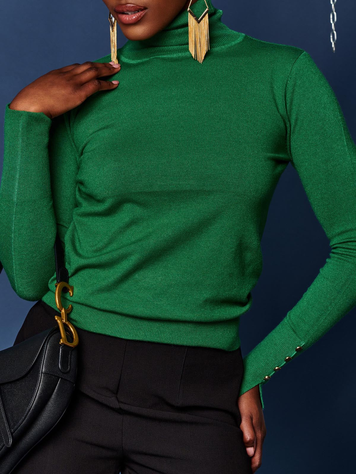 Turtleneck Fine Knit Fitted Jumper, Green