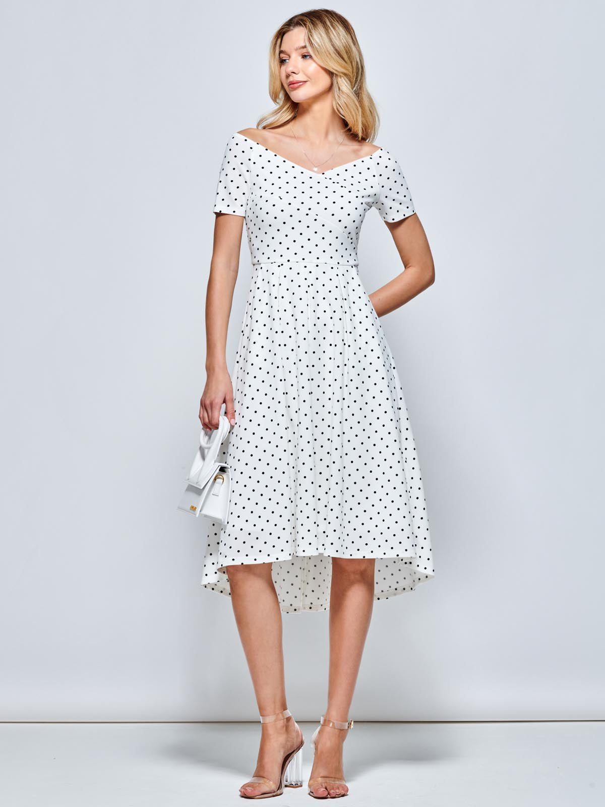 Fit & Flare Pleated Ponte Midi Dress, White Polka Dot