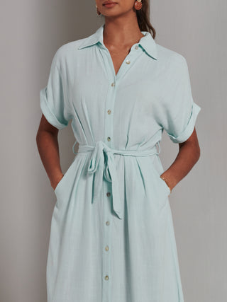 Jessie Linen  Shirt Midi Dress, Light Blue