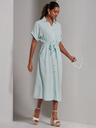 Jessie Linen  Shirt Midi Dress, Light Blue