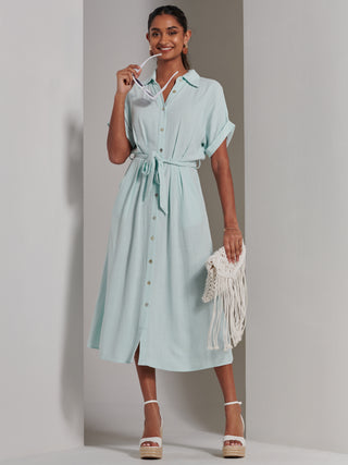 Jessie Linen  Shirt Midi Dress, Light Blue