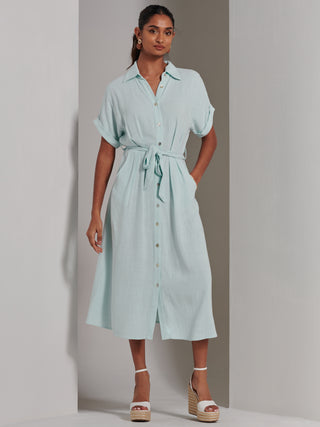 Jessie Linen  Shirt Midi Dress, Light Blue