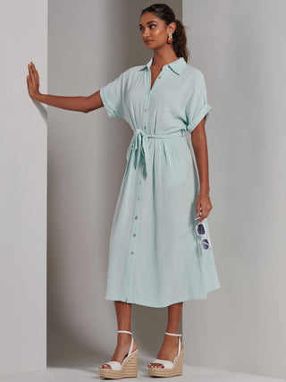 Jessie Linen  Shirt Midi Dress, Light Blue