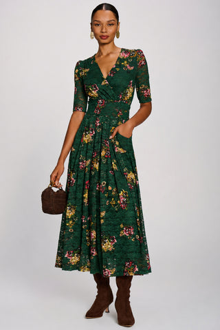 Half Sleeve Print Lace Maxi Dress, Green Floral