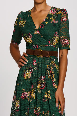 Half Sleeve Print Lace Maxi Dress, Green Floral