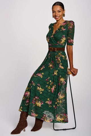 Half Sleeve Print Lace Maxi Dress, Green Floral