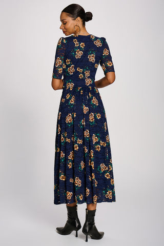 Half Sleeve Print Lace Maxi Dress, Navy Floral