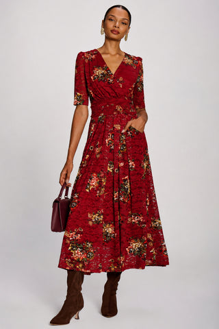 Half Sleeve Print Lace Maxi Dress, Red Floral