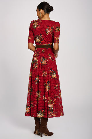Half Sleeve Print Lace Maxi Dress, Red Floral