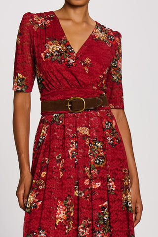 Half Sleeve Print Lace Maxi Dress, Red Floral