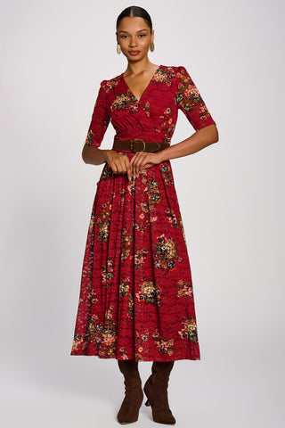 Half Sleeve Print Lace Maxi Dress, Red Floral