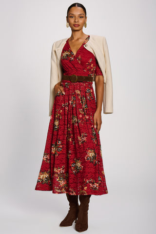 Half Sleeve Print Lace Maxi Dress, Red Floral