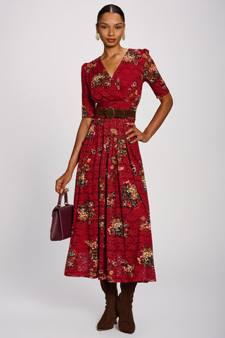 Half Sleeve Print Lace Maxi Dress, Red Floral