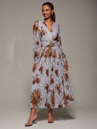 Long Sleeve Printed Lace Midaxi Dress, Blue Floral