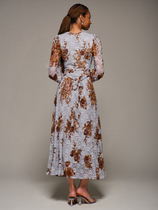 Long Sleeve Printed Lace Midaxi Dress, Blue Floral