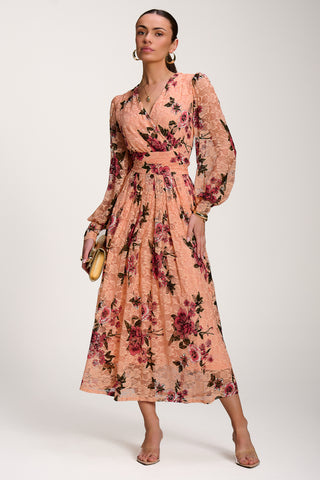Long Sleeve Printed Lace Midaxi Dress, Coral Floral