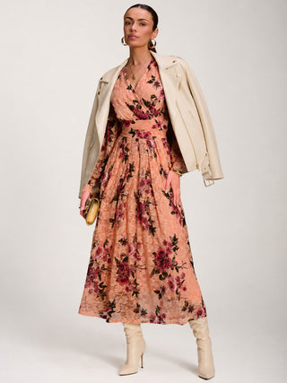 Long Sleeve Printed Lace Midaxi Dress, Coral Floral