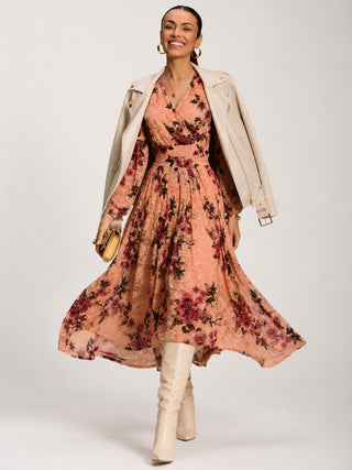 Long Sleeve Printed Lace Midaxi Dress, Coral Floral