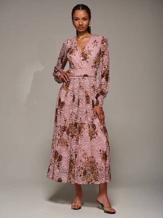 Long Sleeve Printed Lace Midaxi Dress, Pink Floral
