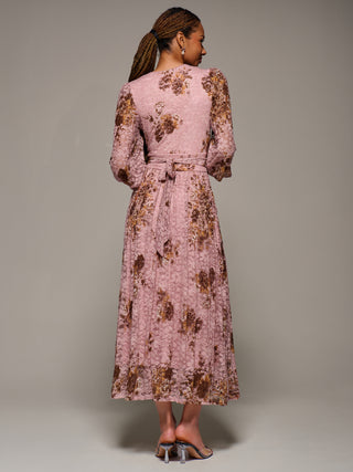 Long Sleeve Printed Lace Midaxi Dress, Pink Floral