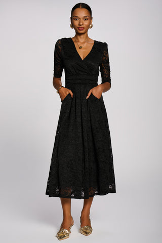 3/4 Sleeve Pleated Lace Maxi Dress, Black