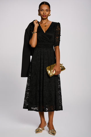 3/4 Sleeve Pleated Lace Maxi Dress, Black