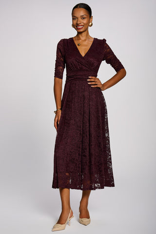 3/4 Sleeve Pleated Lace Maxi Dress, Burgundy