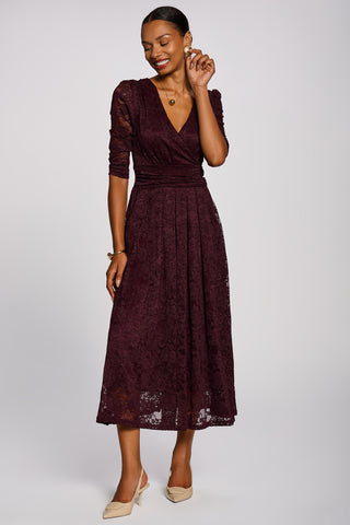 3/4 Sleeve Pleated Lace Maxi Dress, Burgundy