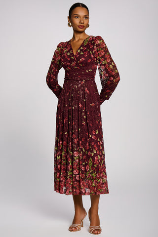 Long Sleeve Printed Lace Maxi Dress, Burgundy Multi