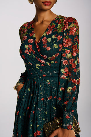 Long Sleeve Printed Lace Maxi Dress, Dark Green Multi