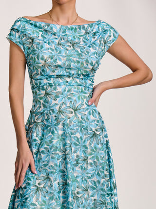 Asymmetric Printed Lace Draped Dress, Blue Abstract