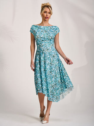 Asymmetric Printed Lace Draped Dress, Blue Abstract